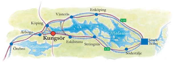 Karta över Mälardalen som visar Kungsörs strategiska läge i Västra Mälardalen mellan Örebro, Arboga, Köping och Eskilstuna