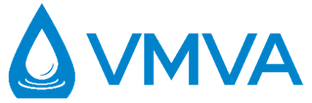 VMVA logotyp, blå bokstäver och en blå vattendroppe