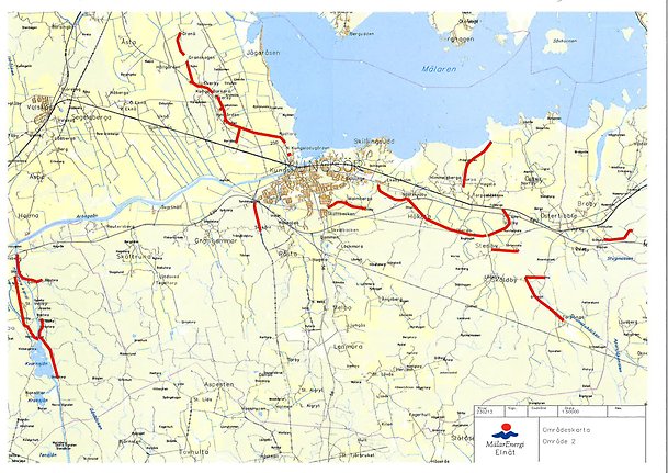 Karta över Kungsörs kommun med markerade områden där underhållingsröjning kommer ske.